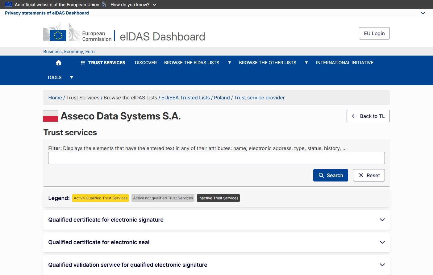 欧盟 eIDAS 可信服务商列表（EUTL）官方查询：波兰信任服务商 Asseco Data Systems S.A.（Certum 所属公司）的合格信任服务记录